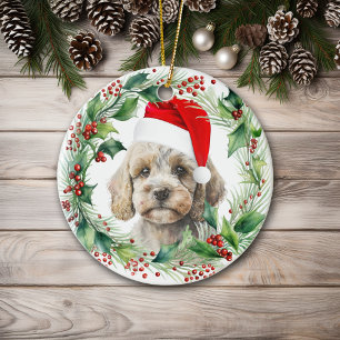 Cute Cockapoo Puppy Holly Wreath Christmas Ceramic Tree Decoration