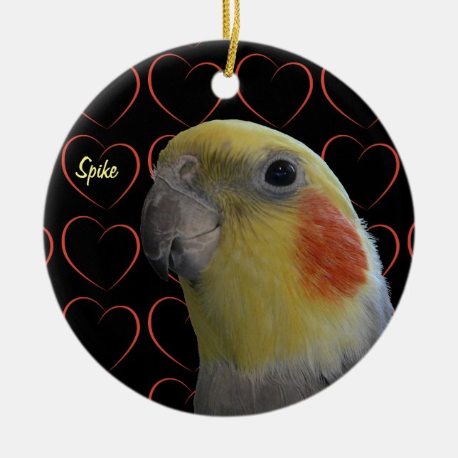 Cute Cockatiel and Hearts Ceramic Tree Decoration (Front)