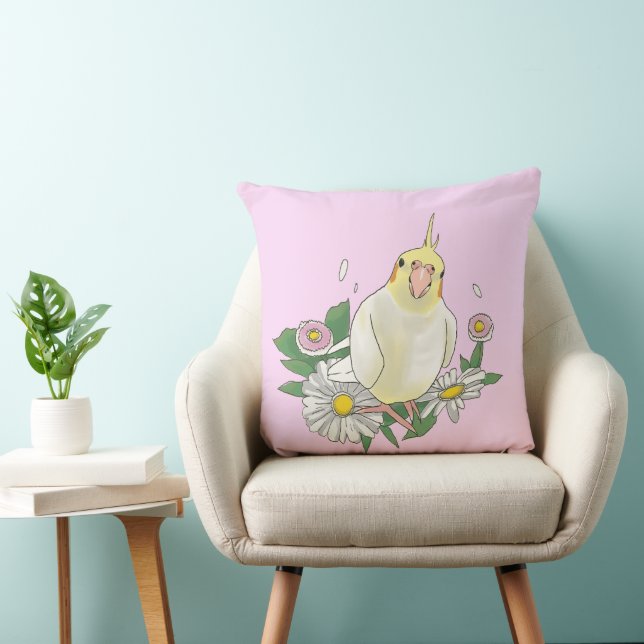 Cute Cockatiel Floral Illustration Cushion (Chair)