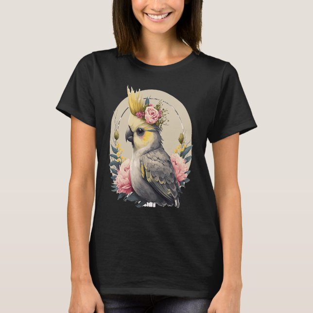 Cute Cockatiel Parrot Bird Flower Crown Pet Birds T-Shirt (Front)