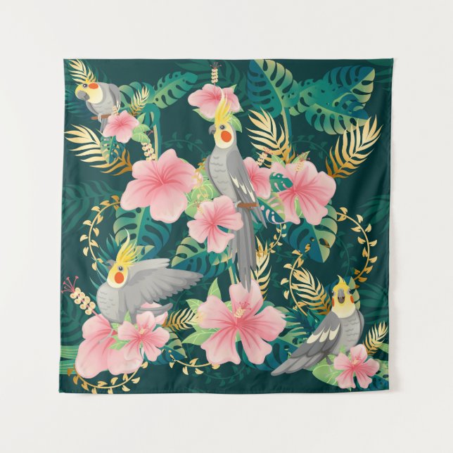 Cute Cockatiel Parrot Vintage Pattern Tapestry (Front)