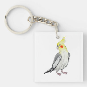 Cute Cockatiel Watercolor Parrot.  Key Ring