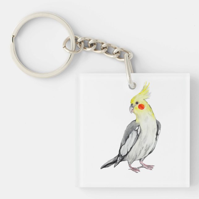 Cute Cockatiel Watercolor Parrot.  Key Ring (Front)