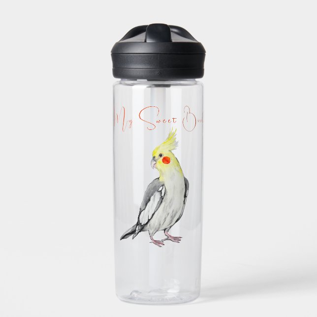 Cute Cockatiel Watercolor Parrot.  Water Bottle (Front)