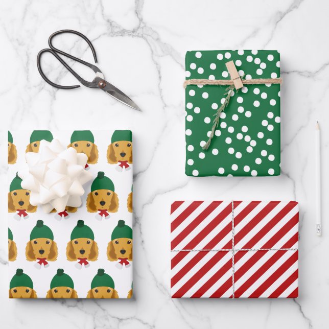 Cute Cocker Spaniel & Red Striped Christmas Wrapping Paper Sheet (Front)