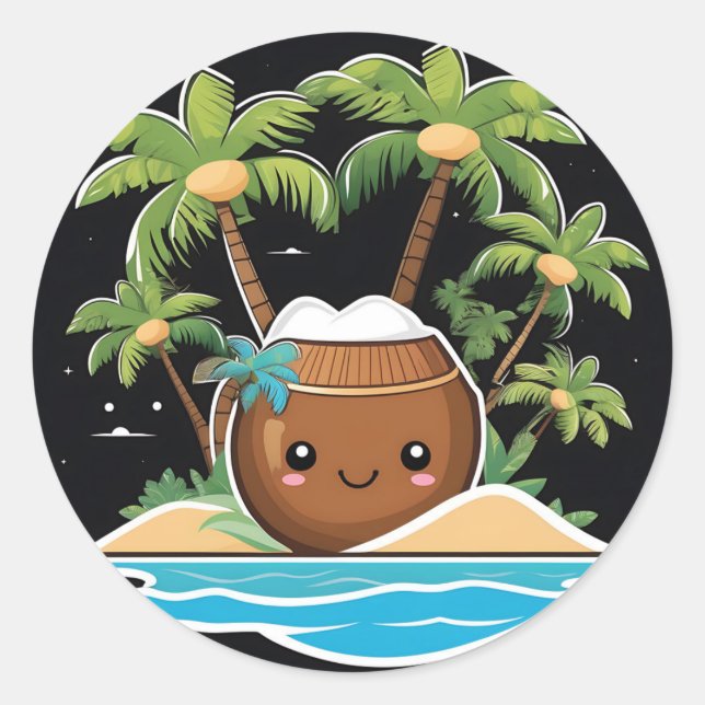 Cute Coconut Happy Classic Round Sticker (Front)