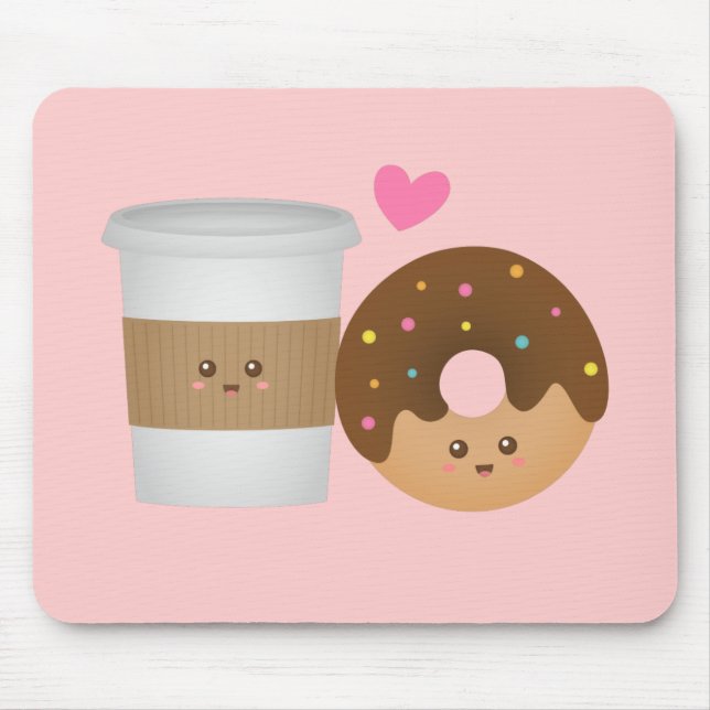 Cute Coffee and Doughnut in Love, Perfect Pair Mouse Mat (Front)