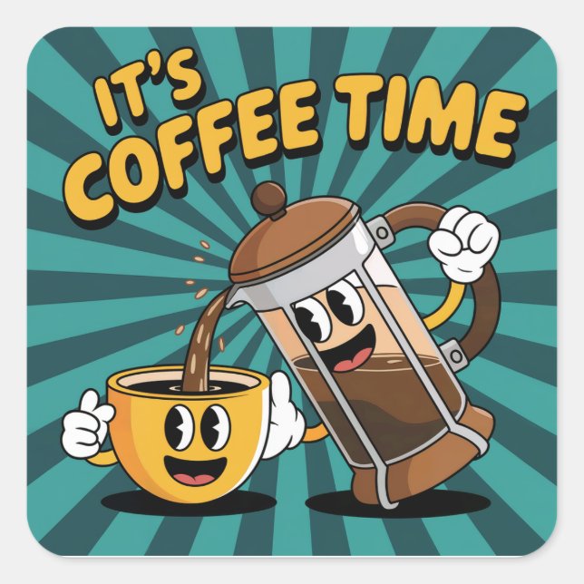Cute Coffee and French Press Design – Morning Brew Square Sticker (Front)