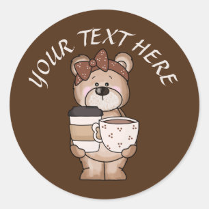 Cute coffee bear add message  classic round sticker