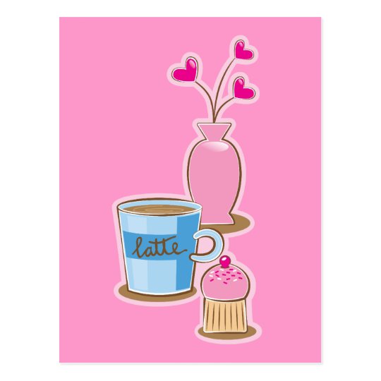 Cute coffee break with latte flowers hearts postcard
