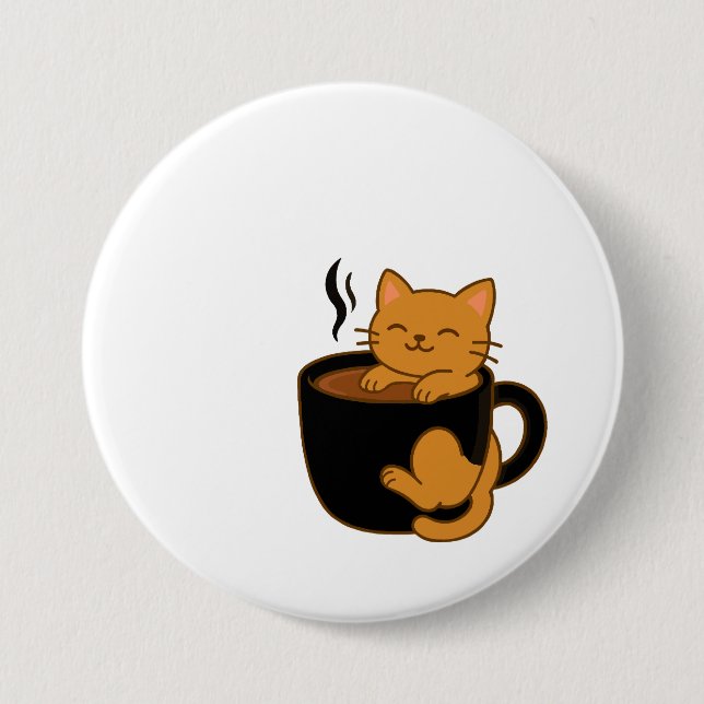 Cute Coffee Cat Button – Ginger Cat in a Mug (Front)