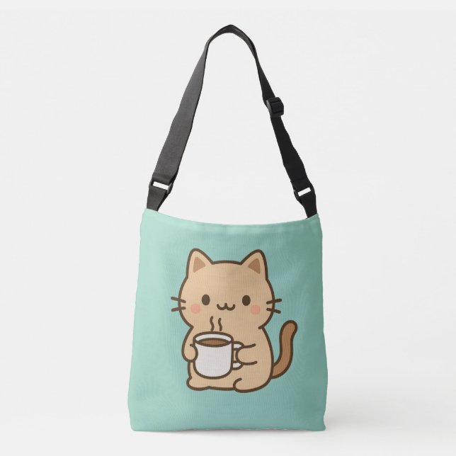 Cute Coffee Cat Kawaii Cozy Aesthetic Design Crossbody Bag (Front)