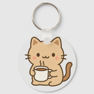 Cute Coffee Cat Kawaii Cozy Aesthetic Design Key Ring
