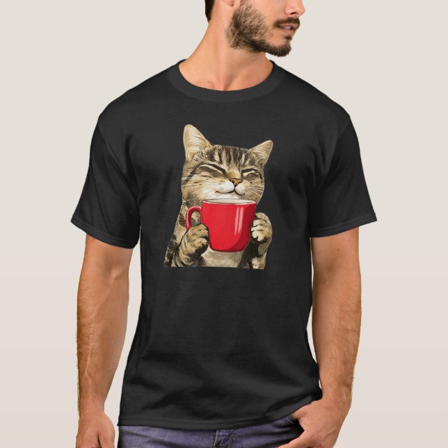 Cute Coffee Cat Kitten Drinking Red Mug T-Shirt (Front)