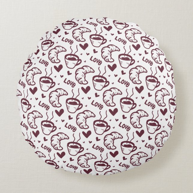Cute Coffee & Croissant French Cafe Pattern Round Cushion (Front)