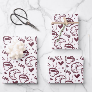 Cute Coffee & Croissant French Cafe Pattern Wrapping Paper Sheet