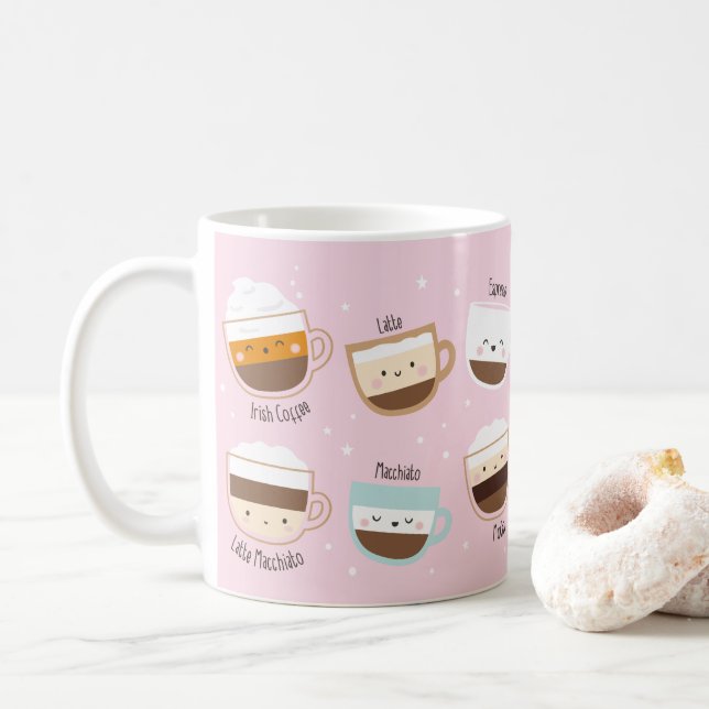 Cute coffee cups on light pink (With Donut)