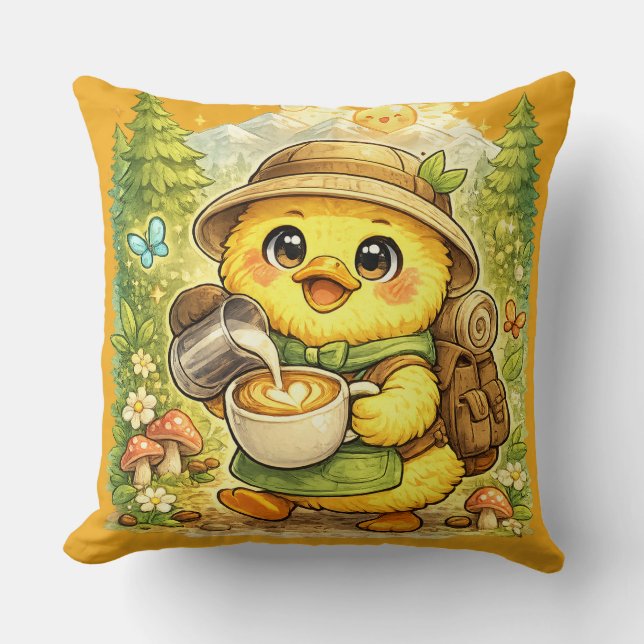 Cute Coffee Explorer Chick Throw Pillow | Kawaii F (Front)