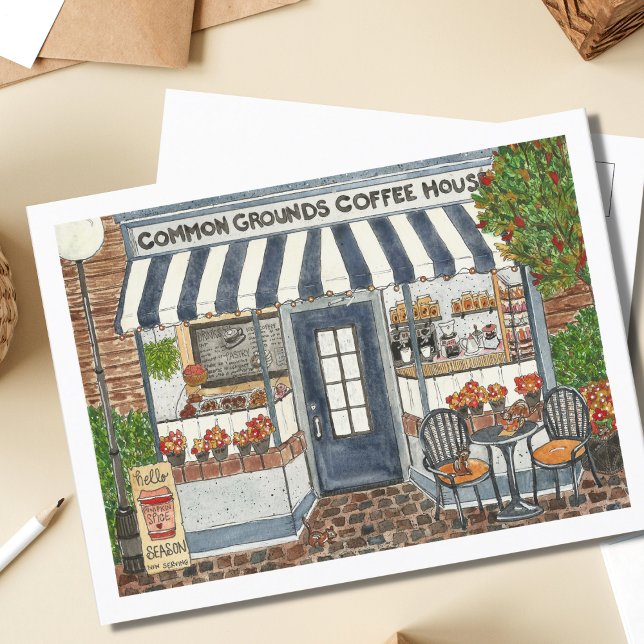 Cute Coffee House Storefront Watercolor Postcard (Creator Uploaded)