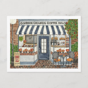 Cute Coffee House Storefront Watercolor Postcard