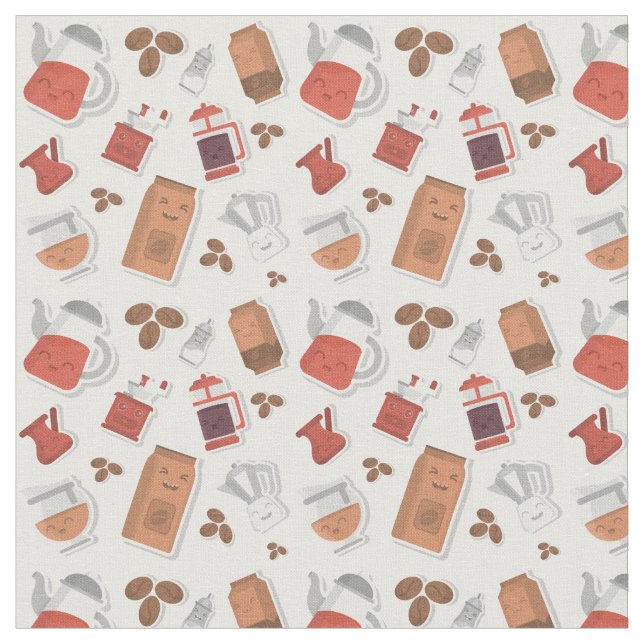 Cute Coffee Lovers Caffeine Themed Kawaii Pattern Fabric (Close Up)