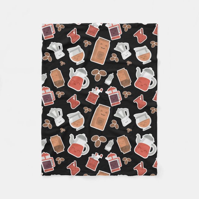 Cute Coffee Lovers Caffeine Themed Kawaii Pattern Fleece Blanket (Front)
