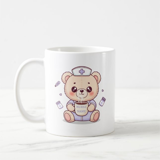 Cute Coffee-Loving Nurse Teddy Bear  Coffee Mug (Left)
