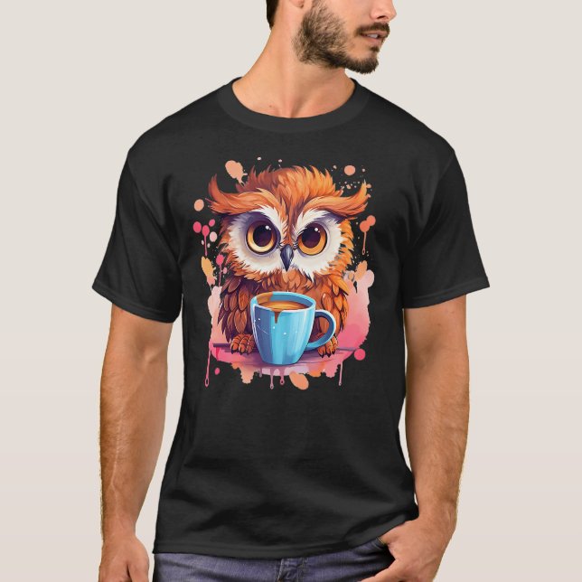Cute Coffee Owl Watching  Watchful Coffee Tee (Front)