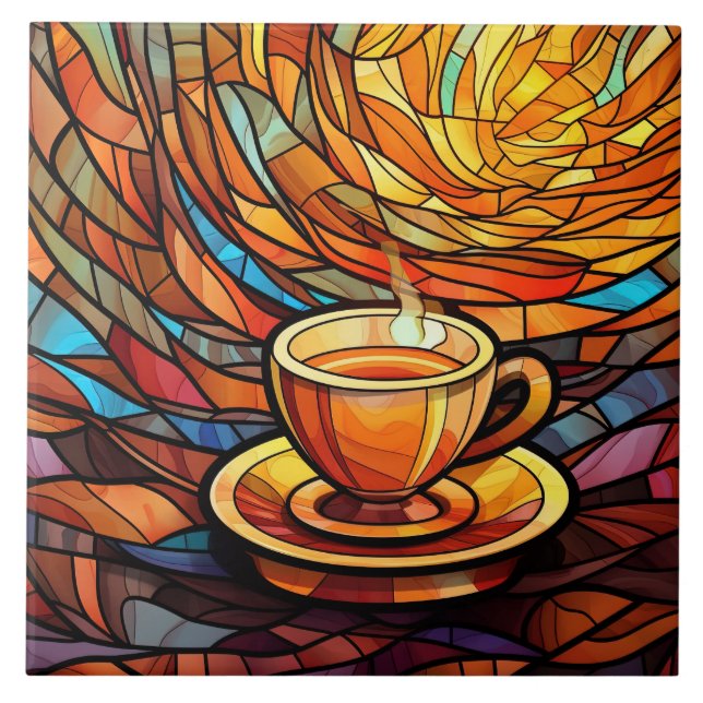 cute coffee shop kitchen faux stained glass tile (Front)