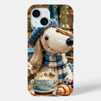 Cute Coffee Shop Puppy Dog in Beanie Hat and Scarf iPhone 15 Case