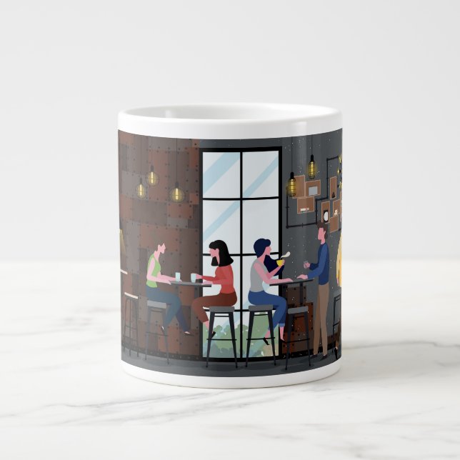 Cute Coffee Shop Wrap-Around Design Large Coffee Mug (Front)