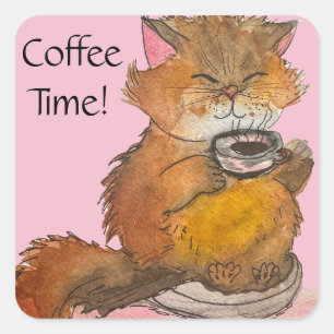 Cute Coffee Time Cat Square Stickers