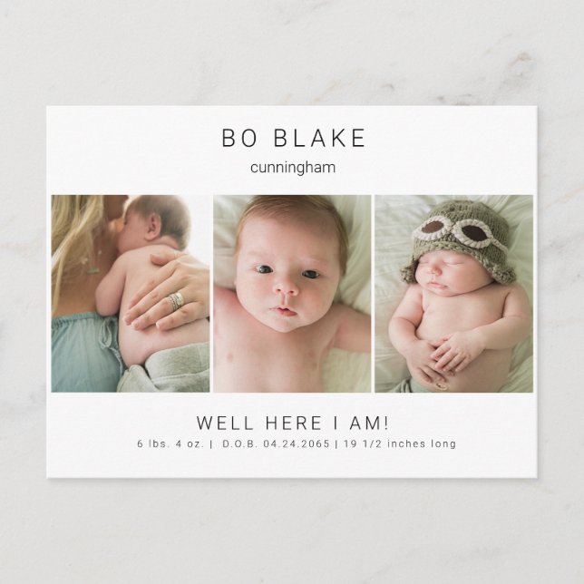 Cute Collage Photo Neutral Baby Birth II Announcem Postcard (Front)