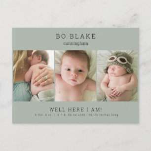 Cute Collage Photo Sage Baby Birth Announcement Postcard