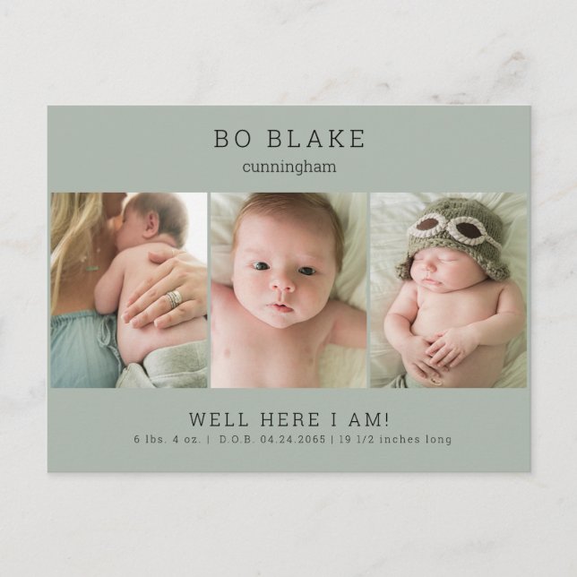 Cute Collage Photo Sage Baby Birth Announcement Postcard (Front)