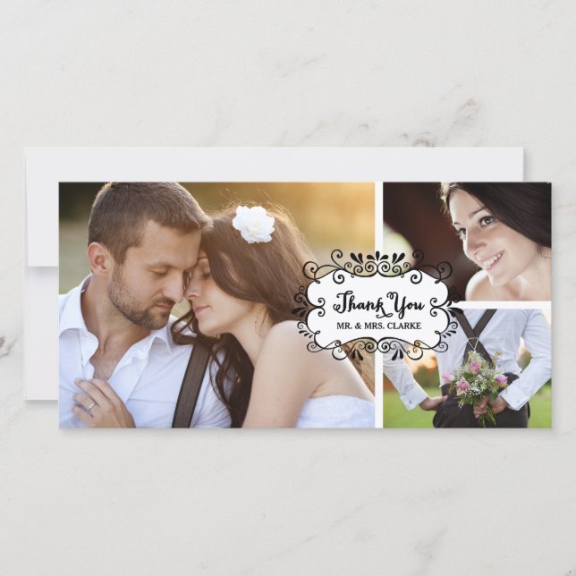 Cute Collage Rustic Wedding Thank You Photo Card (Front)