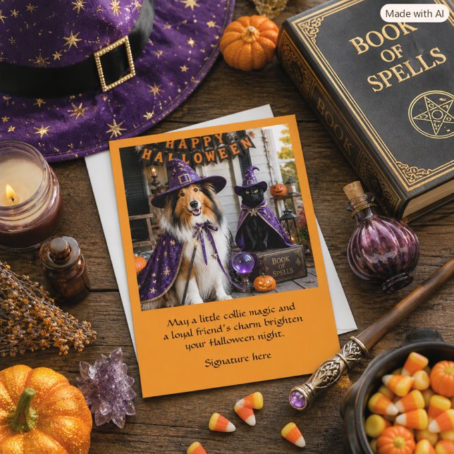 Cute Collie & Cat Halloween Wizard Greeting  Card (Creator Uploaded)