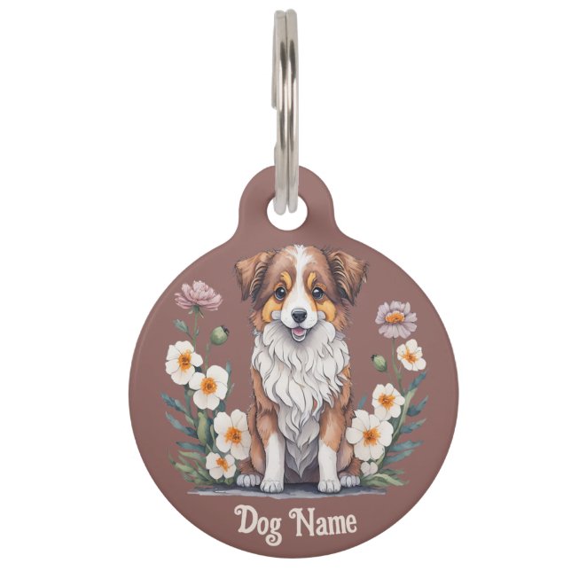Cute collie surrounded by plants - pet tag (Front)