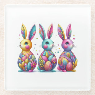 Cute, colorful 3 Easter bunny Glass Coaster