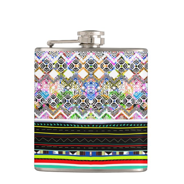 Cute colorful aztec tribal patterns hip flask (Front)