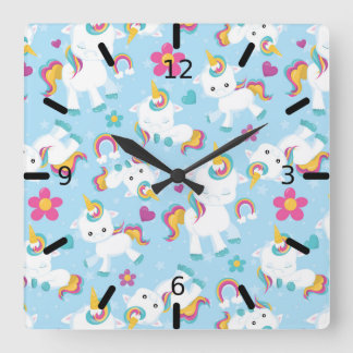 Cute Colorful Baby Unicorn Square Wall Clock