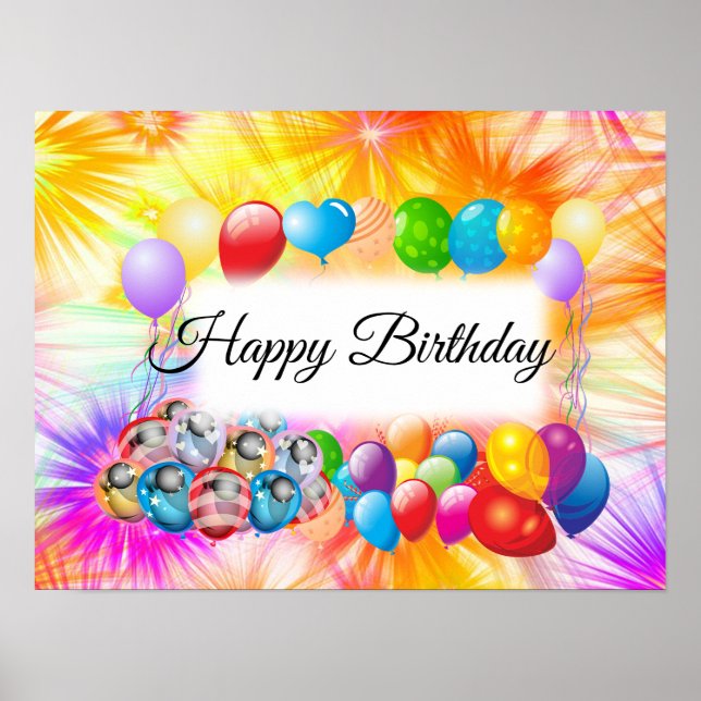 Cute, Colorful Balloons, Fireworks, Birthday Poster (Front)