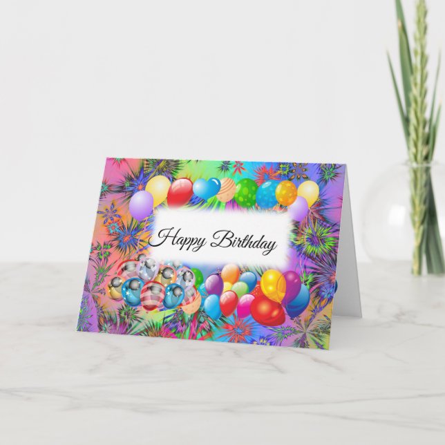Cute, Colorful Balloons, Fireworks, Happy Birthday Card (Front)