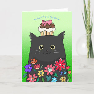 Cute Colorful Black Cat with a Cupcake Birthday Thank You Card