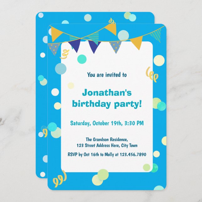 Cute Colorful Blue & Green Confetti Boy Birthday Invitation (Front/Back)
