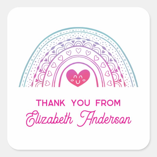 Cute Colorful Boho Rainbow Thank You Square Sticker (Front)