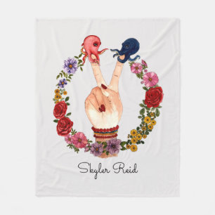 Cute Colorful Boho Watercolor Octopus Peace Sign Fleece Blanket