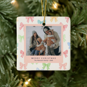 Cute Colorful Bow Pattern Family 4 Photo Holiday Ceramic Ornament