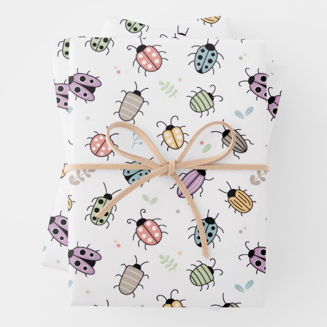 Cute Colorful Bugs Pattern Wrapping Paper Sheet (In situ)