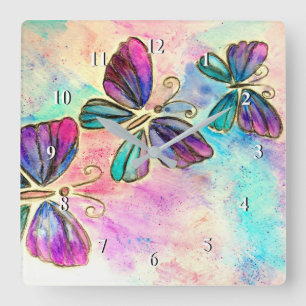 Cute Colorful Butterflies - Watercolor Art - Square Wall Clock